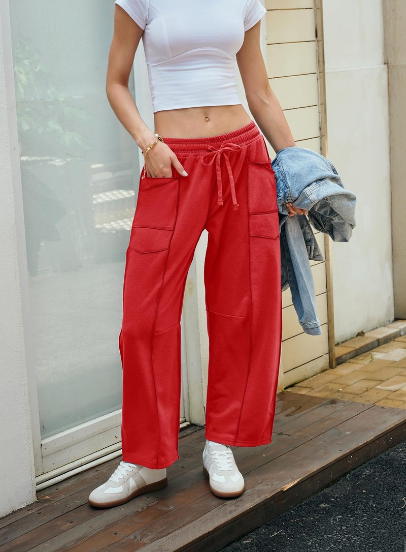 Yanekop Womens Baggy Wide Leg Pants Casual Fall Trousers Palazzo Pants Drawstring Waist Barrel Sweatpants with Pockets(Red,S) - Image 3
