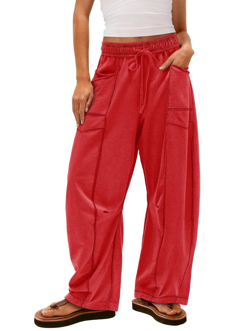 Yanekop Womens Baggy Wide Leg Pants Casual Fall Trousers Palazzo Pants Drawstring Waist Barrel Sweatpants with Pockets(Red,S) - Image 1