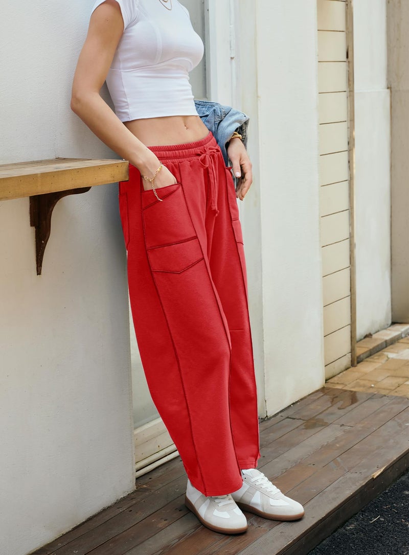 Yanekop Womens Baggy Wide Leg Pants Casual Fall Trousers Palazzo Pants Drawstring Waist Barrel Sweatpants with Pockets(Red,S) - Image 4