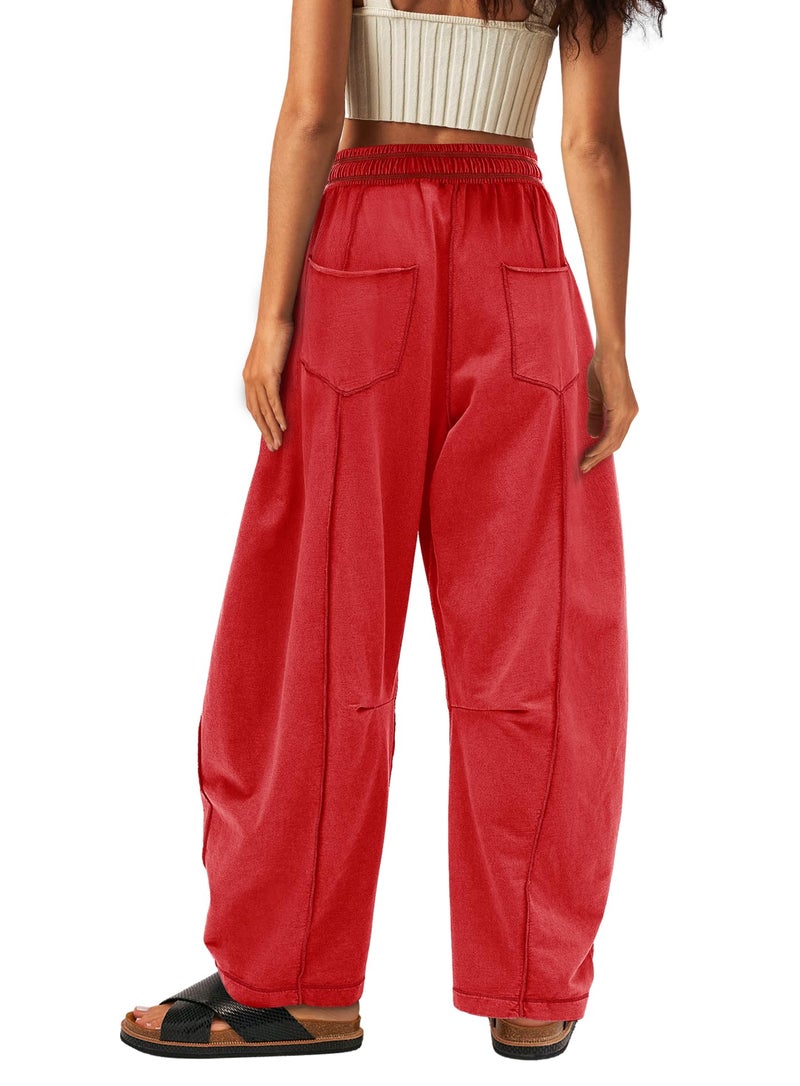 Yanekop Womens Baggy Wide Leg Pants Casual Fall Trousers Palazzo Pants Drawstring Waist Barrel Sweatpants with Pockets(Red,S) - Image 2
