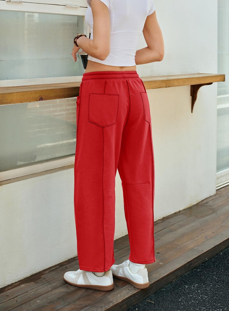 Yanekop Womens Baggy Wide Leg Pants Casual Fall Trousers Palazzo Pants Drawstring Waist Barrel Sweatpants with Pockets(Red,S) - Image 5