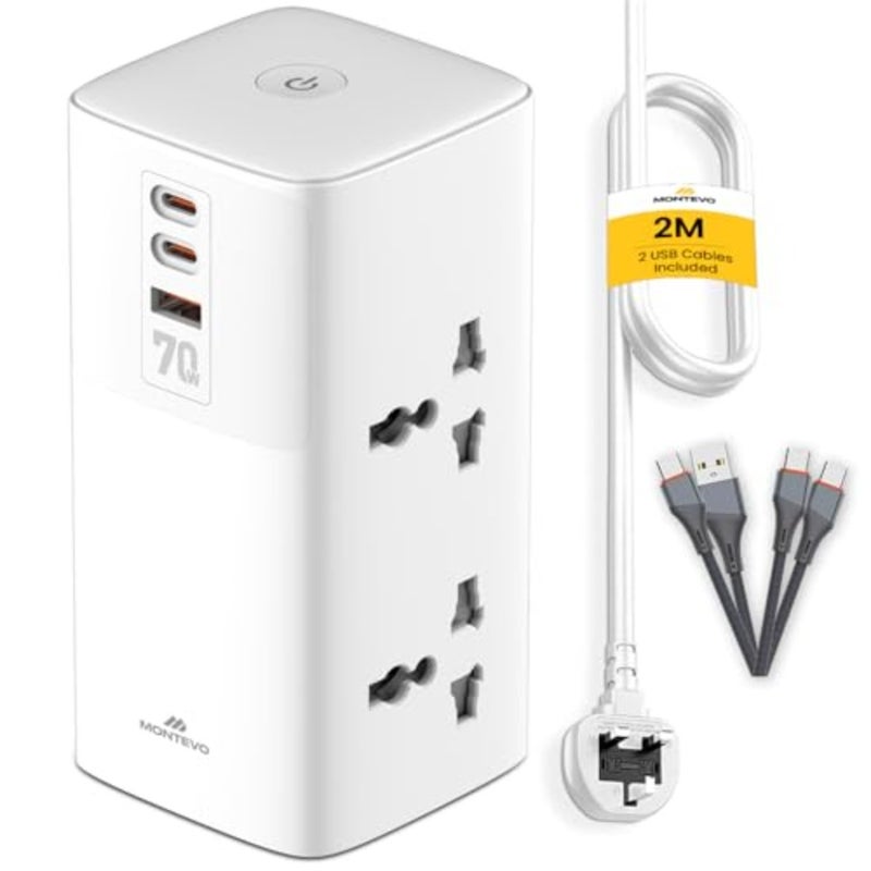 سلك تمديد الطاقة، 70 واط مع 4 منافذ عالمية، 2 USB‑C PD3.0، 1 USB‑A شحن سريع، كابل 2 متر، واقي من زيادة التيار، 2 كابلات USB‑C - Image 1