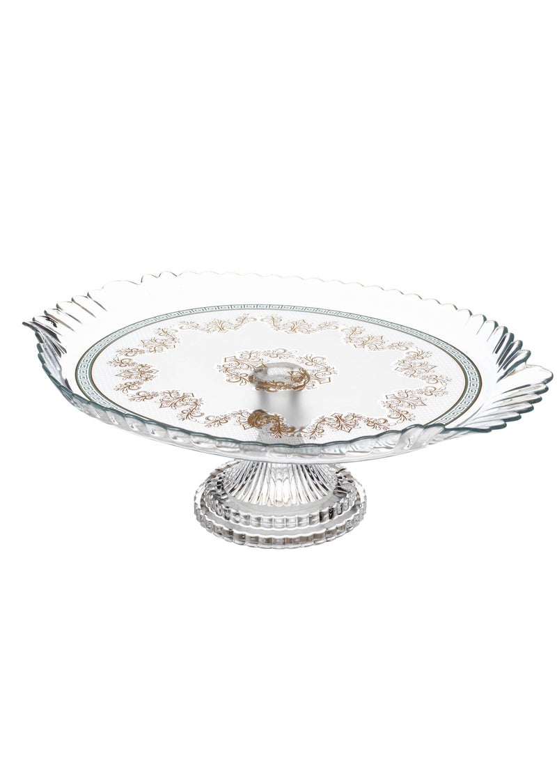 باساباش صحن تقديم بقاعدة زجاج مع نقش ذهبي و فيروزي للكيك و المعجنات و الفواكه - Image 2
