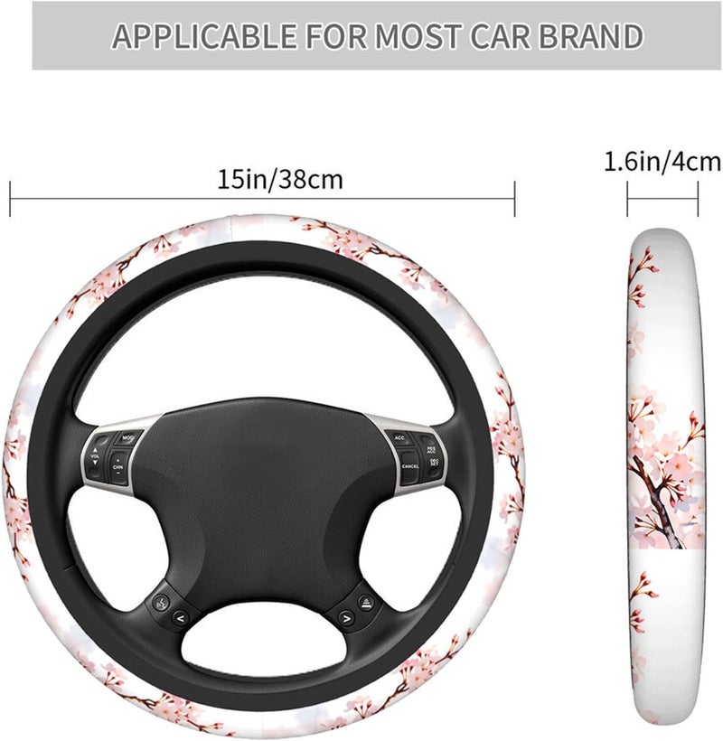 Swono Cherry Flower Pink Car Steering Wheel Covers Beautiful Tokyo Cherry Blossoms Flower Pink Women Men Interior Accessories Universal 15 Inch Steering Steering Wheel Protector Anti-Skid Grips - Image 3