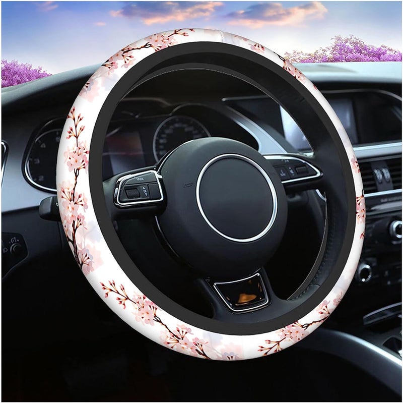 Swono Cherry Flower Pink Car Steering Wheel Covers Beautiful Tokyo Cherry Blossoms Flower Pink Women Men Interior Accessories Universal 15 Inch Steering Steering Wheel Protector Anti-Skid Grips - Image 1