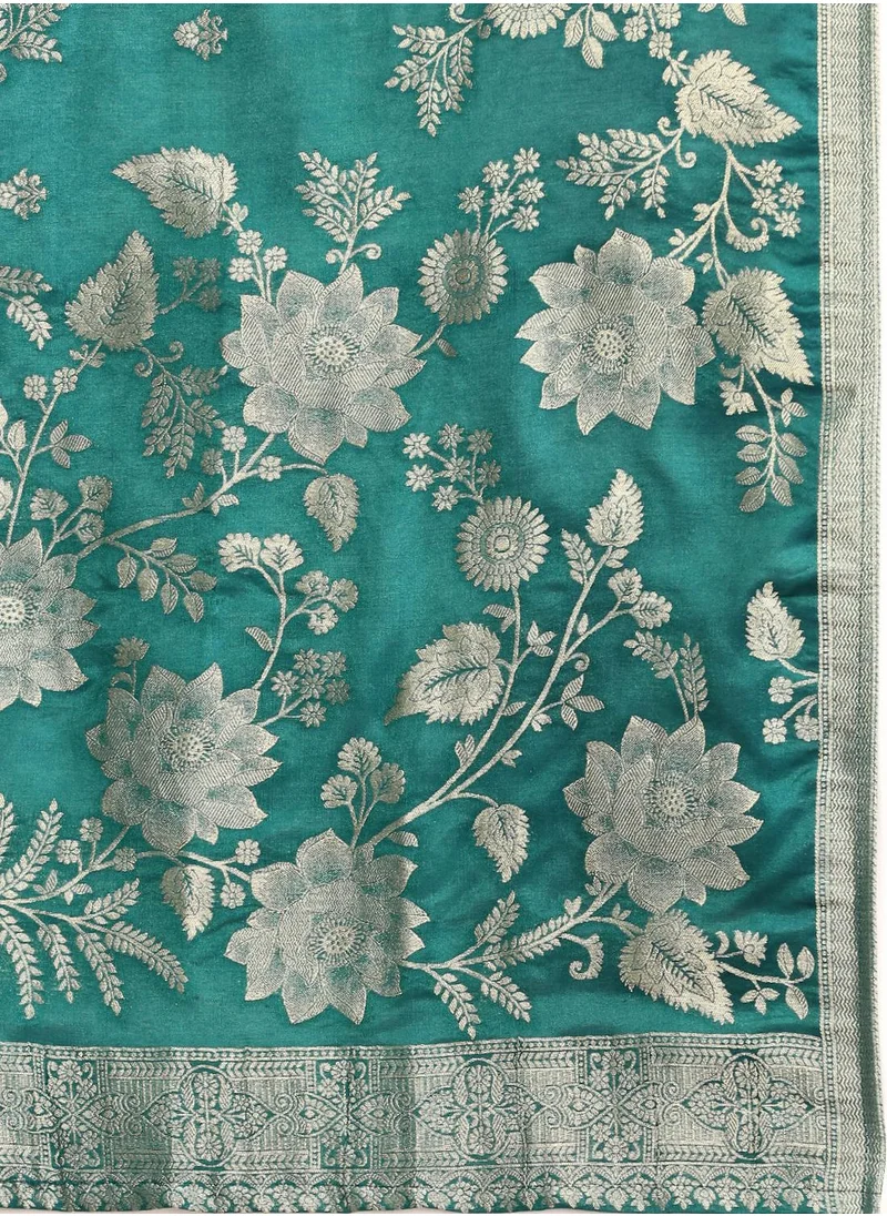 آي شين Straight Fit Embroidered Pattern Round Neck Three-Quarter Sleeves Teal Colour Woven Cotton Kurta Set for Women with Semi Elastic Closure - Designed with Style and Comfort