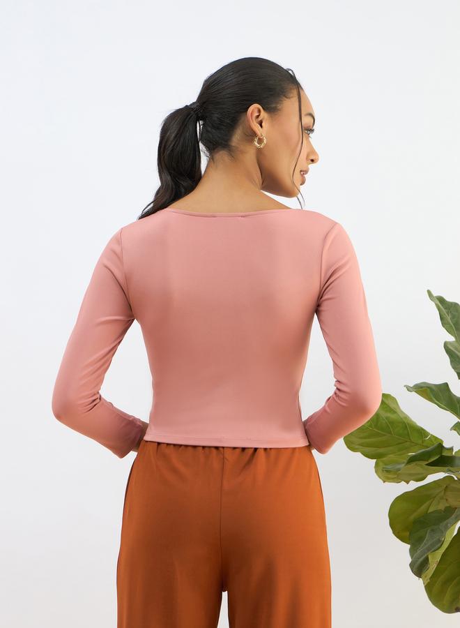 ساسافراس بلوزة قصيرة محبوكة بياقة مربعة لون وردي من ساسافراس - Image 5