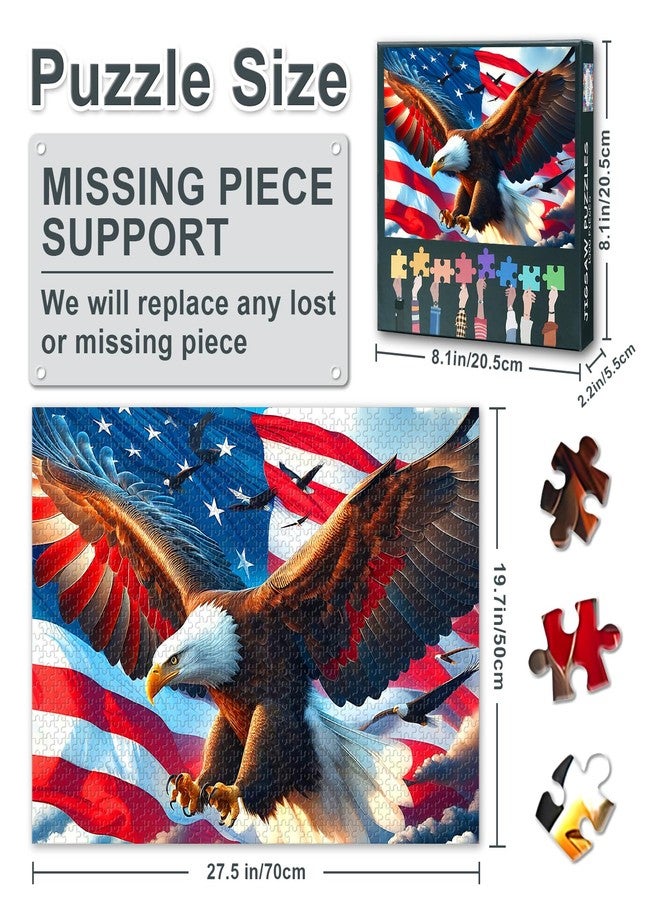 Rebotipy 1000 Pieces Patriotic Theme US American Flag Puzzles A Majestic Bald Eagle is Soaring in The Sky Picture Puzzle Power and Freedom Paintings Modern Adults Jigsaw Puzzle 28" x 20" - Image 3