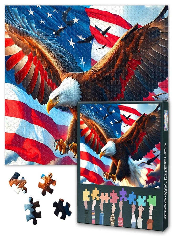 Rebotipy 1000 Pieces Patriotic Theme US American Flag Puzzles A Majestic Bald Eagle is Soaring in The Sky Picture Puzzle Power and Freedom Paintings Modern Adults Jigsaw Puzzle 28" x 20" - Image 1