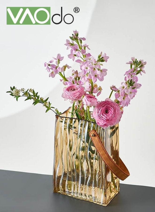 VAOdo Glass Purse Vase for Flowers Handbag Vase with Leather Handle Glass Bag Flower Vase Great for Floral Arrangement Centerpiece Home Decor Amber  - Image 1