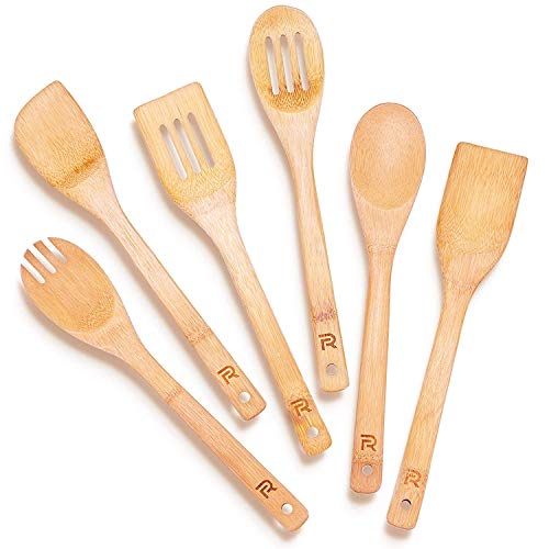Riveira Bamboo Wooden Spoons for Cooking 6Piece Apartment Essentials Wood Spatula Spoon Nonstick Kitchen Utensil Set Premium Quality Housewarming Gifts for Everyday Use