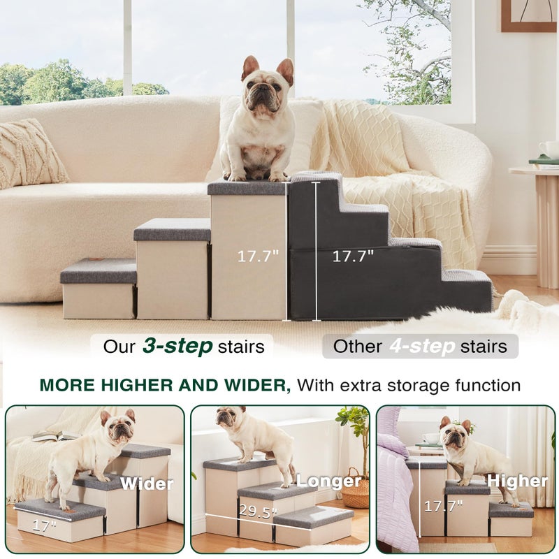 Love's cabin Dog Stairs for High Bed 18" H, Foldable Pet Stairs for Small Medium or Large Dogs Puppy with Storage for Bed or Couch, Cat Dog Steps Ramp with Zip up to 200 lbs, Light Grey, 3 Steps - Image 3