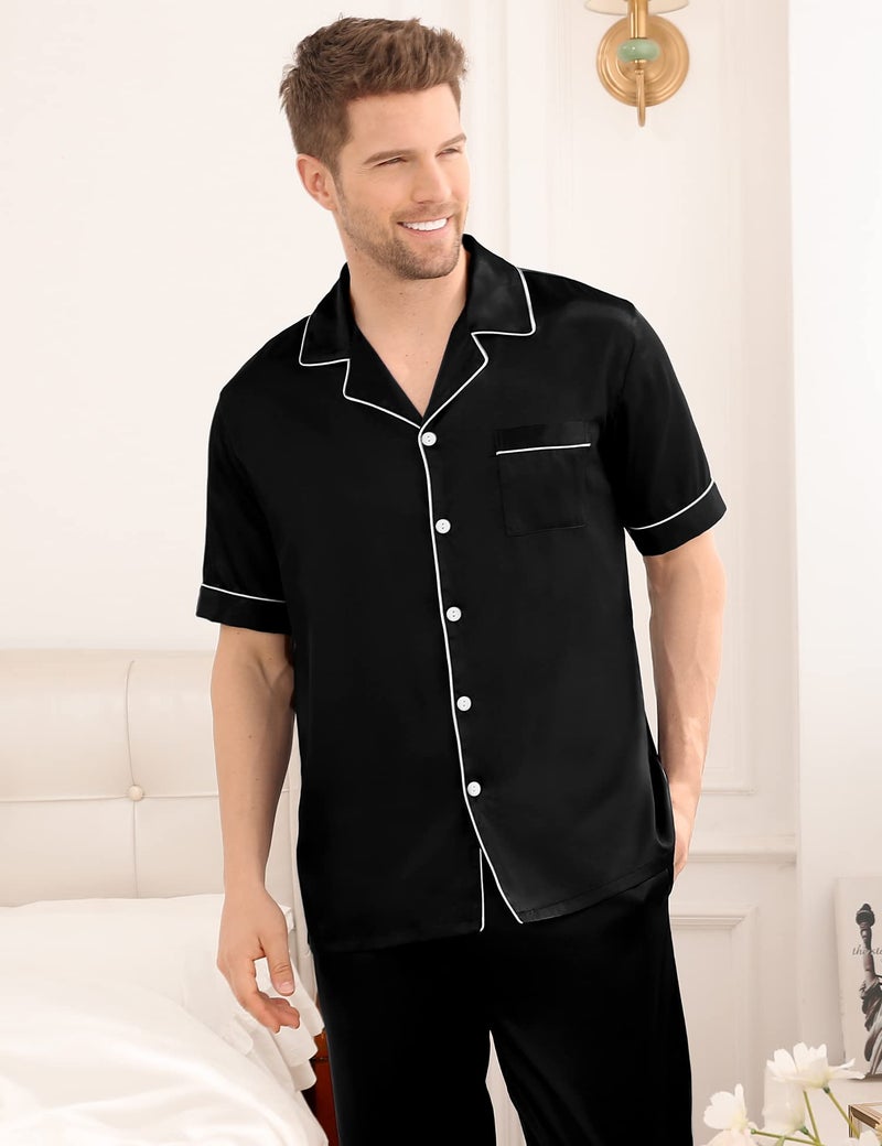 SWOMOG Mens Satin Pajama Set Short Sleeve Classic Sleepwear Button Down Silky Loungewear with Long Pants Black Large - Image 2