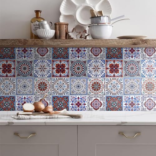 DICOFUN 32 Colorful Talavera Mexican Tile Peel and Stick Backsplash, 6" x 6" Waterproof Stick on Wall Tiles (Style 5) - Image 5