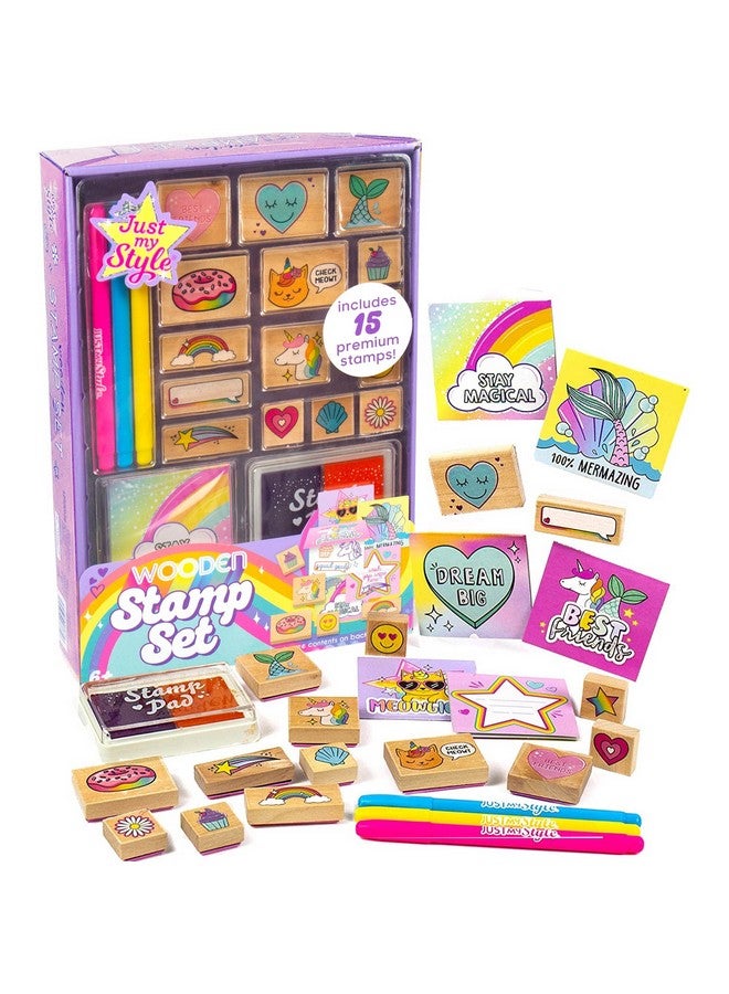 Just My Style Wood Stamp Set by Horizon Group USA, 15 Wooden Stamps, Scrapbooking Sheets, Colorful Markers, Stationery Set, 2-Tone Stamp Pad - Image 1
