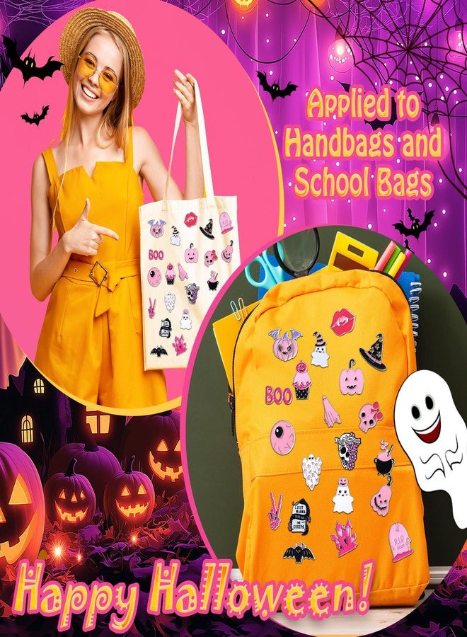 CraftyDream 40 Pcs Pink Halloween Enamel Pins Bulk for Backpacks Cute Skull Boo Bat Decorative Brooches Pink and Black Halloween Lapel Pins for Girly Clothes Bags Hat Accessories Gift - Image 4