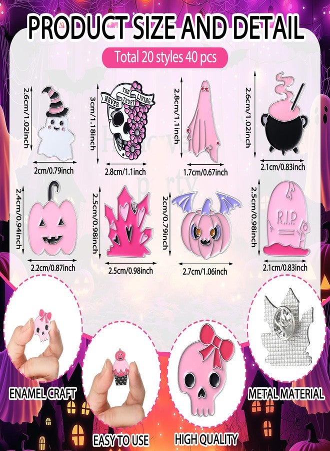 CraftyDream 40 Pcs Pink Halloween Enamel Pins Bulk for Backpacks Cute Skull Boo Bat Decorative Brooches Pink and Black Halloween Lapel Pins for Girly Clothes Bags Hat Accessories Gift - Image 2