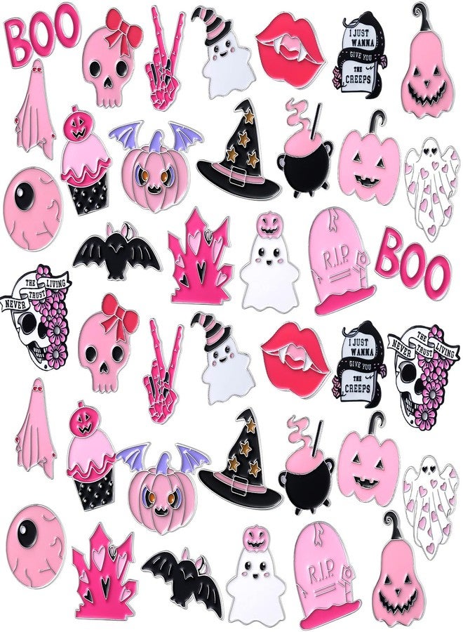 CraftyDream 40 Pcs Pink Halloween Enamel Pins Bulk for Backpacks Cute Skull Boo Bat Decorative Brooches Pink and Black Halloween Lapel Pins for Girly Clothes Bags Hat Accessories Gift - Image 1