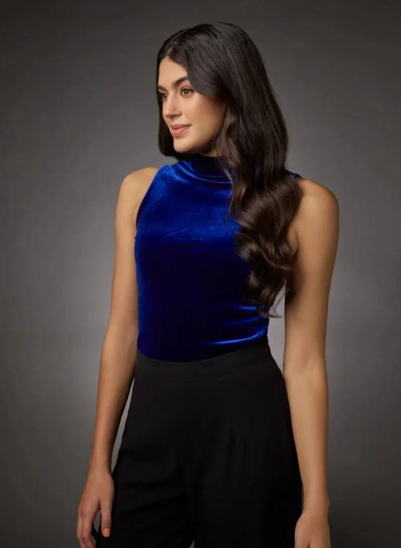Zigzag High Neck Sleeveless Velvet Top- Royal Blue