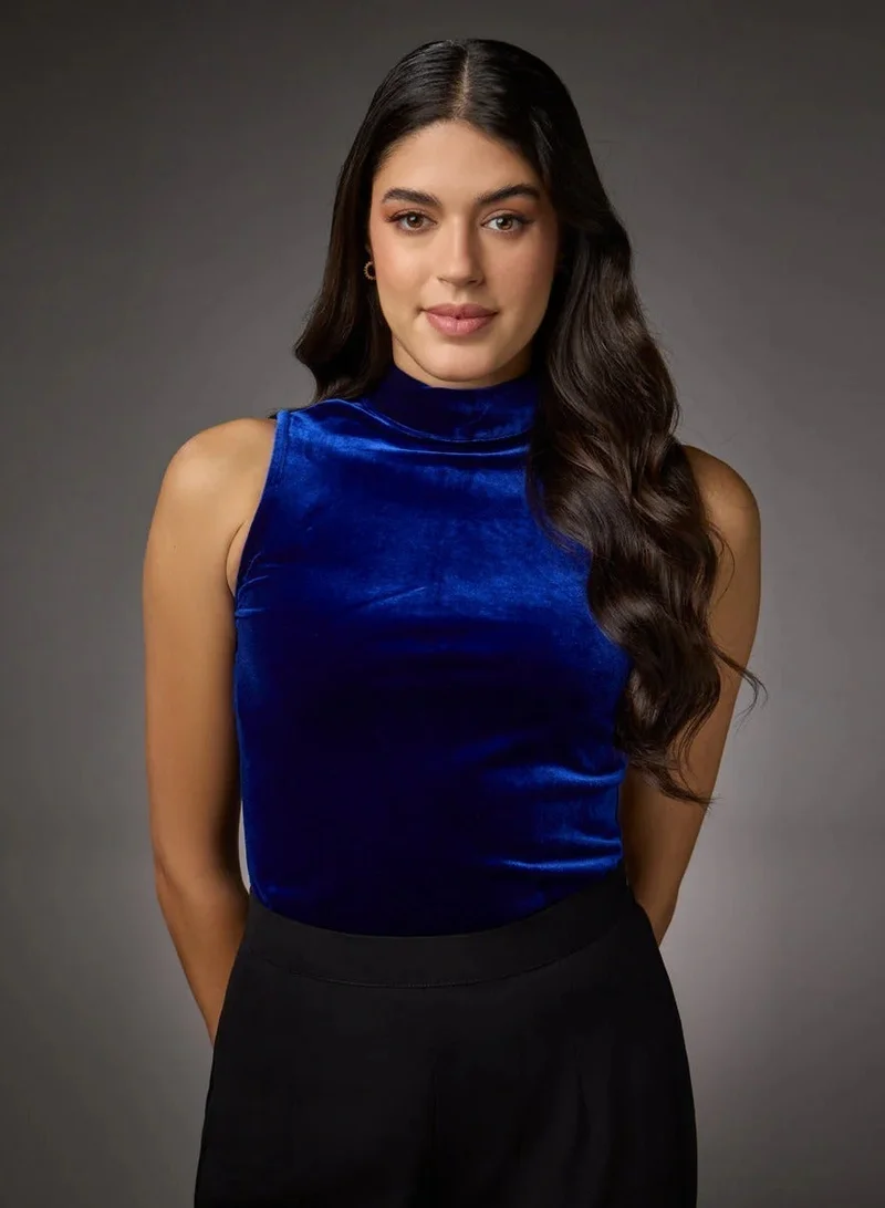 Zigzag High Neck Sleeveless Velvet Top- Royal Blue