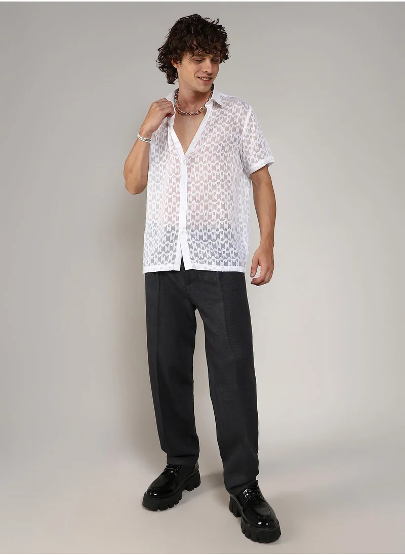 Campus Sutra Men's Chalk White Self-Design Block Shirt