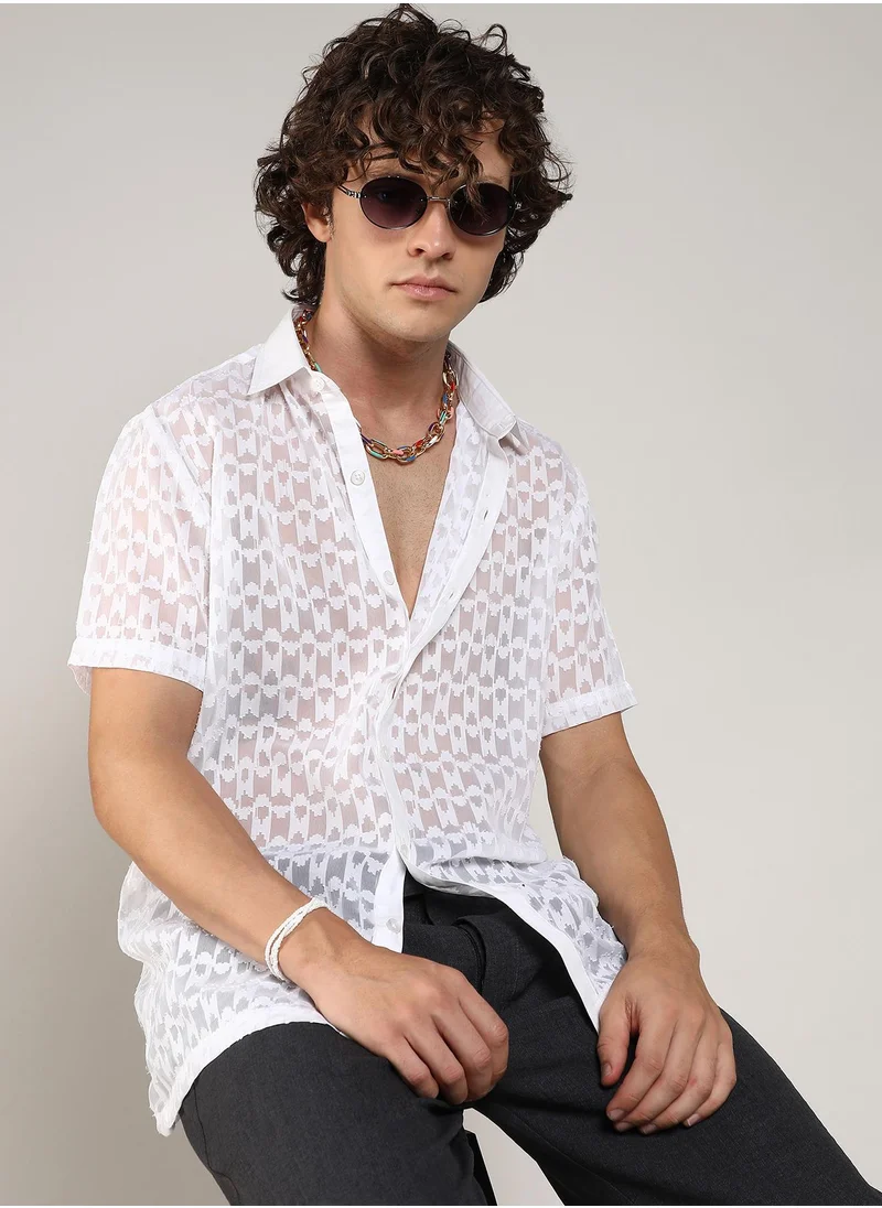 Campus Sutra Men's Chalk White Self-Design Block Shirt