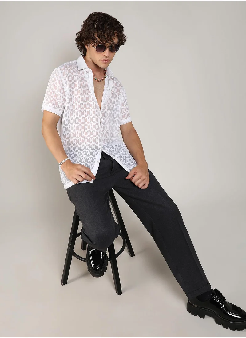 Campus Sutra Men's Chalk White Self-Design Block Shirt
