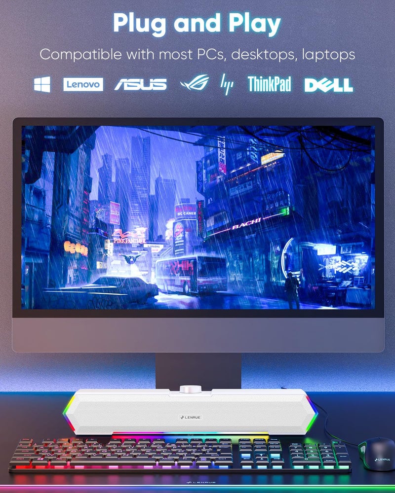 LENRUE G11 Computer Speakers for Desktop, Touch Lights PC Speakers with Surge Clear Sound, USB C/USB Powered for Computer Desktop PC Laptop Monitor (White) - Image 5