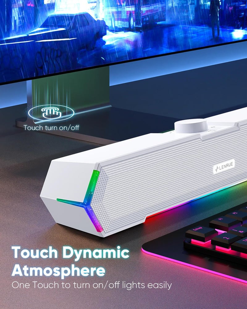 LENRUE G11 Computer Speakers for Desktop, Touch Lights PC Speakers with Surge Clear Sound, USB C/USB Powered for Computer Desktop PC Laptop Monitor (White) - Image 3