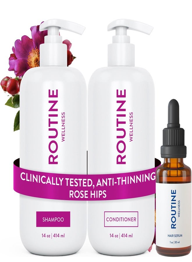 Routine Wellness Shampoo and Conditioner Set and Hair Serum for Thinning Hair - DHT Blocker Women & Men - Color Safe Shampoo for Hair Loss & Healthier Hair - Rose Hips Set + Serum - Image 1