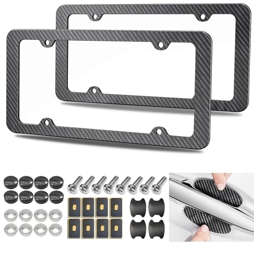 FBJTDQ Carbon Fiber License Plate Frames Black Plastic Car Tag Holder 2 Pack 4 Hole Slim Edge Front Rear Bracket with Screw Caps and Car Door Handle Stickers - Image 1