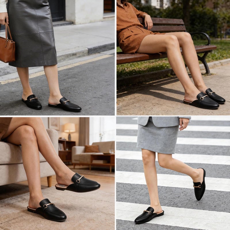 MUSSHOE Gold Buckle Mules for Women - Comfortable Memory Foam Loafers, Classy Slip On Flats for Office Business Casual, Dressy Pointed Toe Shoes - Image 2