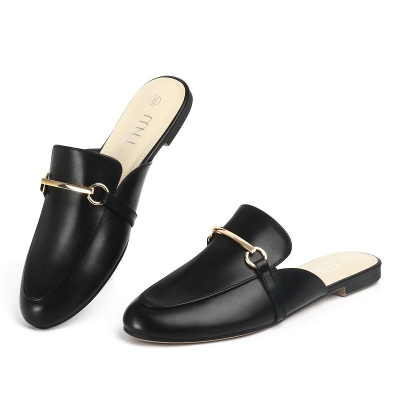 MUSSHOE Gold Buckle Mules for Women - Comfortable Memory Foam Loafers, Classy Slip On Flats for Office Business Casual, Dressy Pointed Toe Shoes - Image 1
