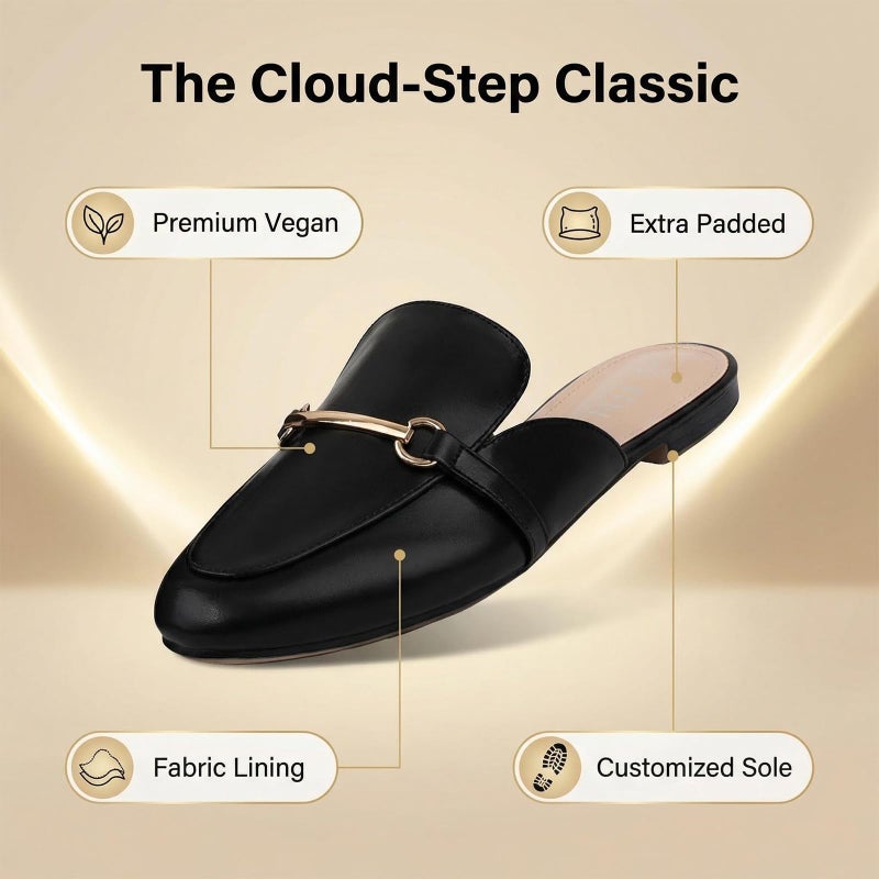 MUSSHOE Gold Buckle Mules for Women - Comfortable Memory Foam Loafers, Classy Slip On Flats for Office Business Casual, Dressy Pointed Toe Shoes - Image 3