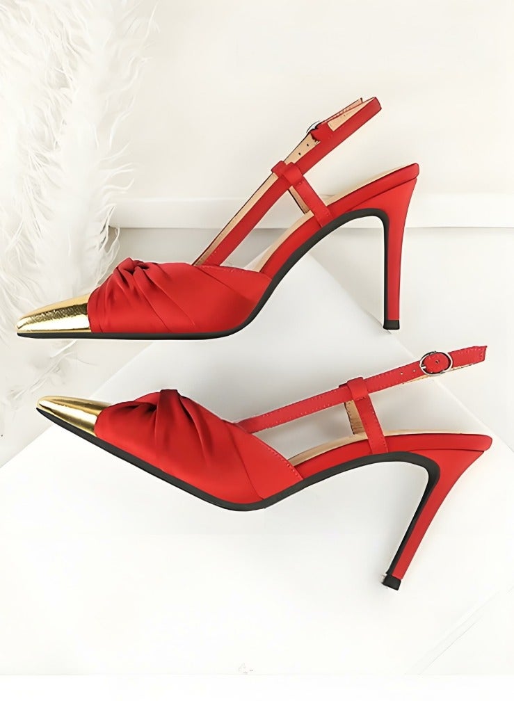 بيج تري المرأة مغلقة أشارت إصبع القدم مضخات الساتين كعب عالي مع قفل حزام ساندال أحمر 9CM - Image 3