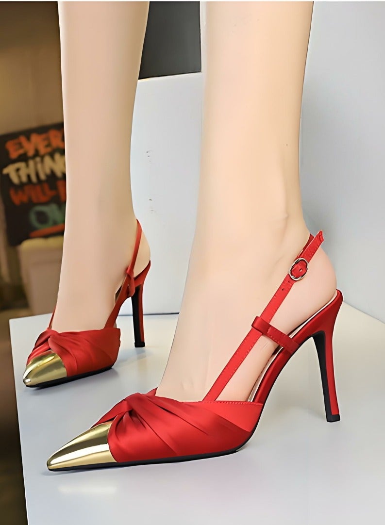 بيج تري المرأة مغلقة أشارت إصبع القدم مضخات الساتين كعب عالي مع قفل حزام ساندال أحمر 9CM - Image 4