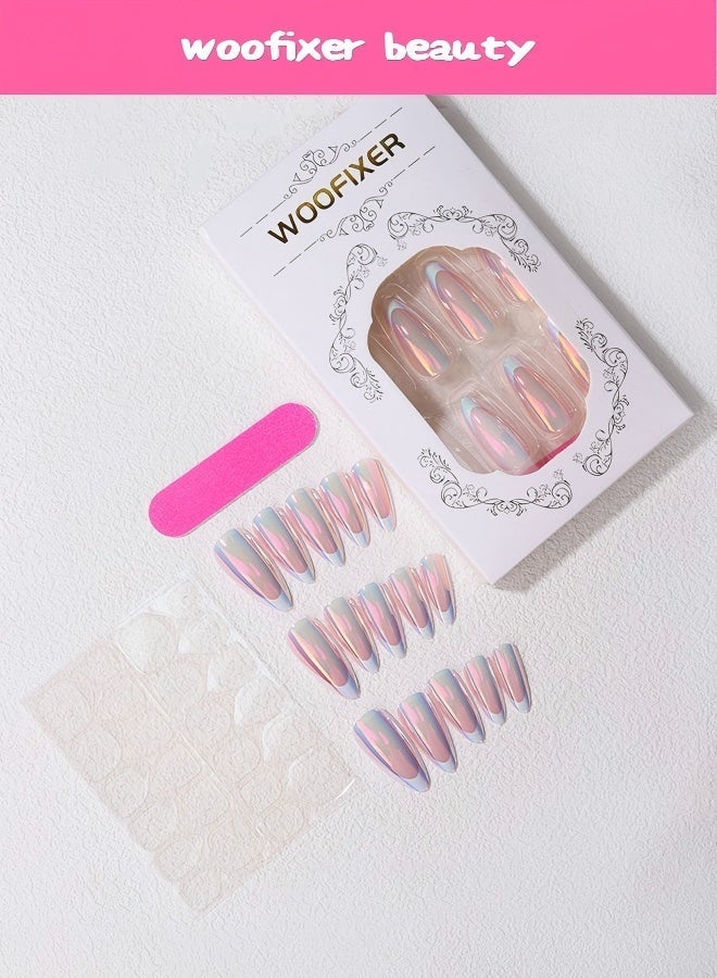 Woofixer 24Pcs Chrome Purple Press on Nails Medium Almond Fake Nails Mirror Finish False Nails Full Cover Glue on Nails Glossy Acrylic Stick on Nails for Women Manicure Decoration - Image 3