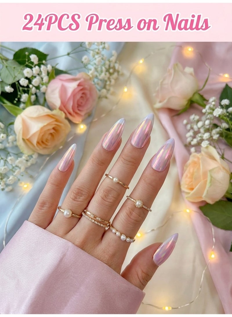 Woofixer 24Pcs Chrome Purple Press on Nails Medium Almond Fake Nails Mirror Finish False Nails Full Cover Glue on Nails Glossy Acrylic Stick on Nails for Women Manicure Decoration - Image 1