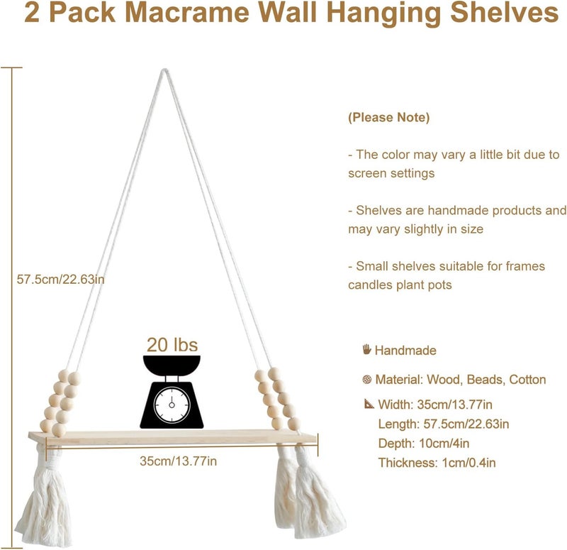 Artilady 2 Pack Wooden Wall Hanging Shelves - Macrame Hanging Plant Shelf with Tassel,Boho Storage Floating Shelves Handmade Rustic Hanger Planter Rack Pot Stand Holder - Image 2