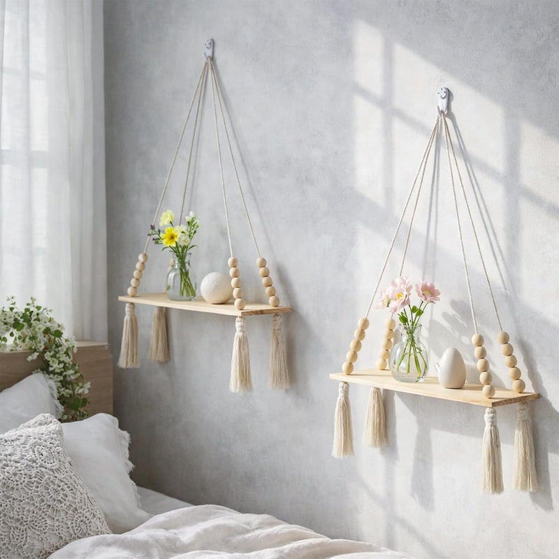 Artilady 2 Pack Wooden Wall Hanging Shelves - Macrame Hanging Plant Shelf with Tassel,Boho Storage Floating Shelves Handmade Rustic Hanger Planter Rack Pot Stand Holder - Image 3