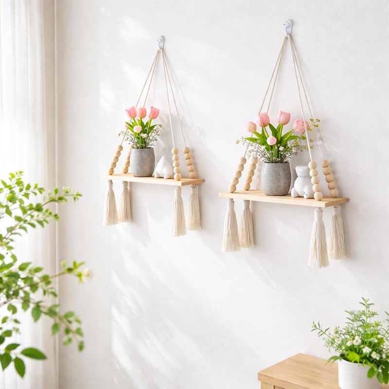 Artilady 2 Pack Wooden Wall Hanging Shelves - Macrame Hanging Plant Shelf with Tassel,Boho Storage Floating Shelves Handmade Rustic Hanger Planter Rack Pot Stand Holder - Image 5