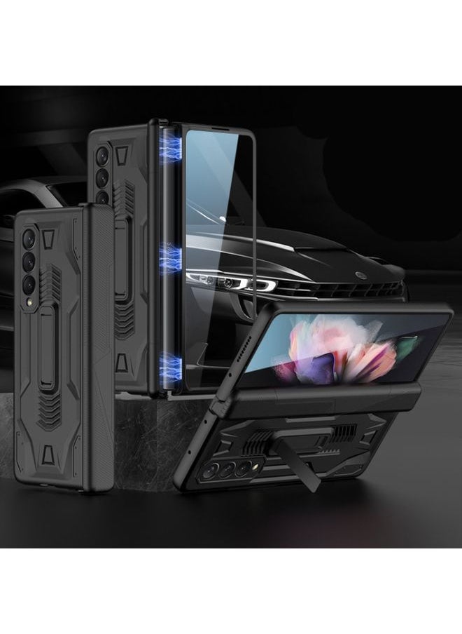 Generic Case Cover For Samsung Galaxy Z Fold 3 5G Integrated Magnetic Armor Flip Phone Case with Holder Black 