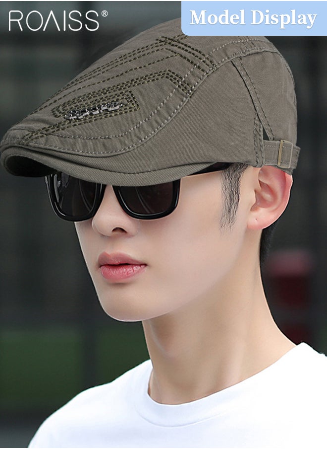 roaiss Adjustable Newsboy Cap for Men Vintage Beret Flat Cap Breathable Hat Mens Summer Cotton Hat Golf Fishing Hat (Army Green, One Size)  - Image 2