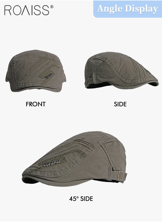 roaiss Adjustable Newsboy Cap for Men Vintage Beret Flat Cap Breathable Hat Mens Summer Cotton Hat Golf Fishing Hat (Army Green, One Size)  - Image 4
