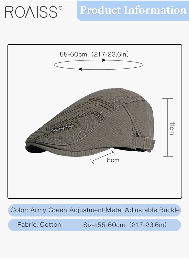 roaiss Adjustable Newsboy Cap for Men Vintage Beret Flat Cap Breathable Hat Mens Summer Cotton Hat Golf Fishing Hat (Army Green, One Size)  - Image 3
