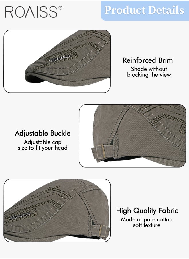 roaiss Adjustable Newsboy Cap for Men Vintage Beret Flat Cap Breathable Hat Mens Summer Cotton Hat Golf Fishing Hat (Army Green, One Size)  - Image 5