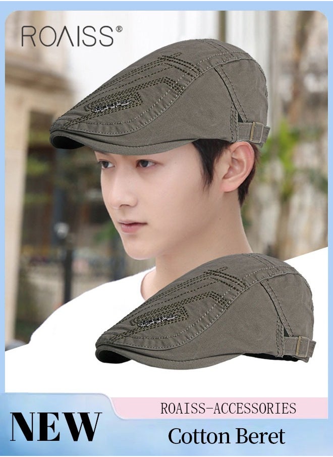 roaiss Adjustable Newsboy Cap for Men Vintage Beret Flat Cap Breathable Hat Mens Summer Cotton Hat Golf Fishing Hat (Army Green, One Size)  - Image 1