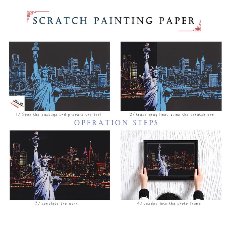 SiYear Scratch Paper Rainbow Painting Sketch, City Series Night Scene,Scratch Painting Creative Gift,Scratchboard for Adult and Kids with 4 Tools - Image 2