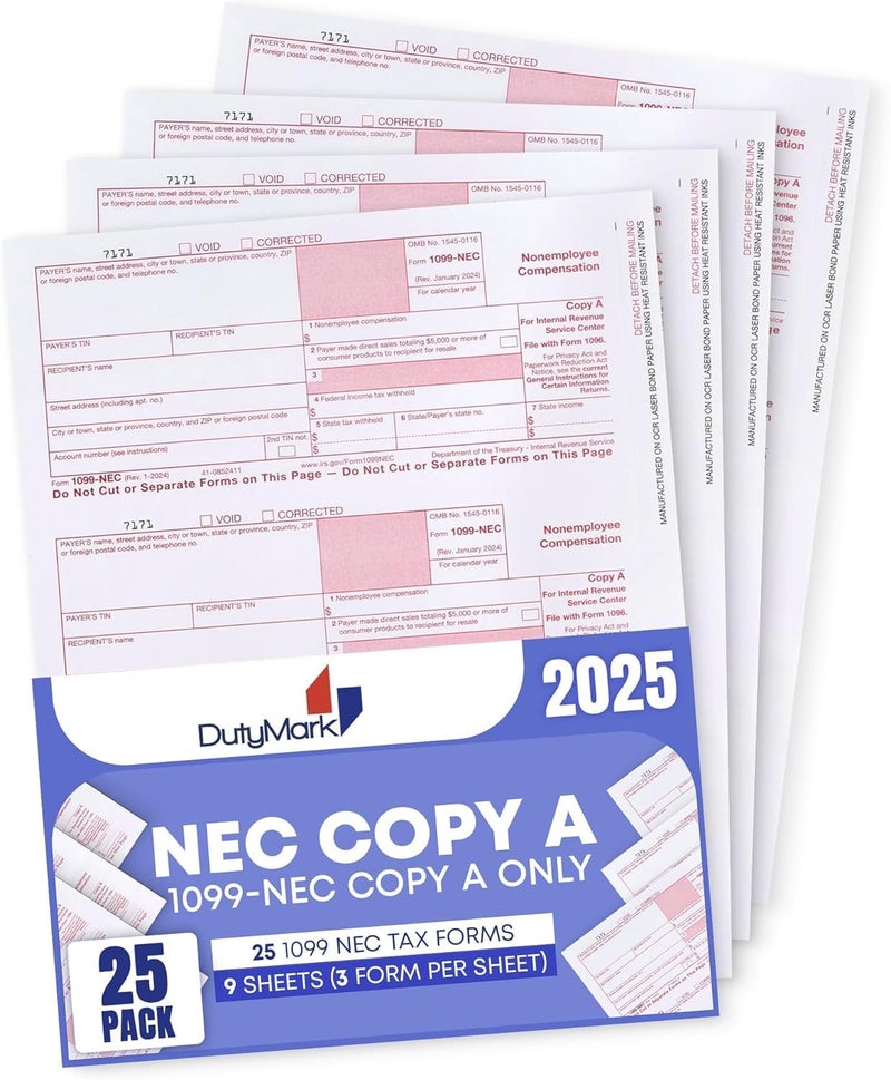 Dutymark 1099 NEC Copy A Forms, 25 Federal Income Laser Tax Forms, Use with 2025 1099 NEC Forms, RED Copy A ONLY, 25 forms-9 sheets 2025 - Image 1