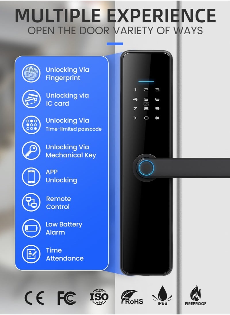فيرسي - LS-C91 قفل باب ذكي يعمل بتقنية WiFi ببصمة الإصبع - 8 طرق لفتح القفل | التطبيق، بلوتوث، المفتاح، كلمة المرور، البطاقة، كومبو | نظام دخول المنزل الآمن (أسود، إصدار Tuya) - Image 1